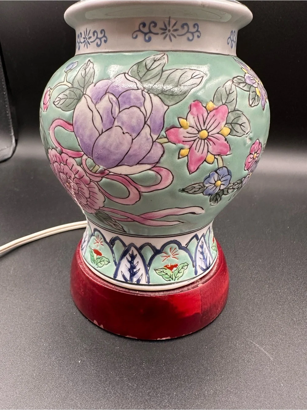 Vintage Chinese Porcelain Ginger Jar Mini Lamp – Celadon Peony Floral, Wood Base